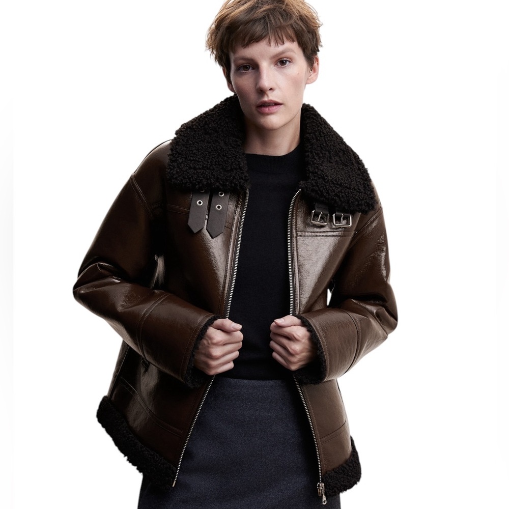 Mango Dark Brown Leather Jacket with Shearling Collar